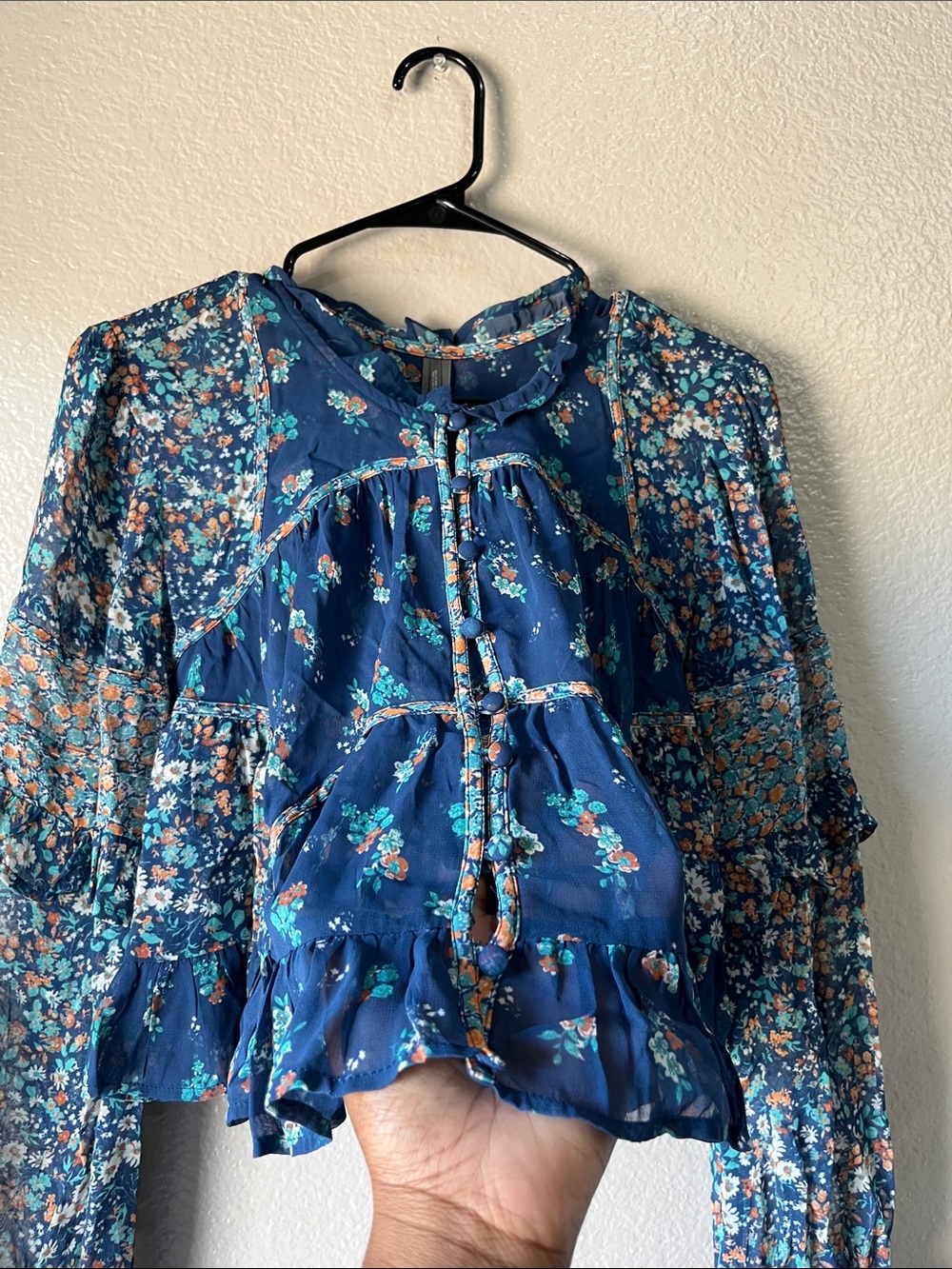 Anthropologie Navy Floral Peasant Blouse with Ruffle Tiers Sz S Boho Vacay - Picture 6 of 10
